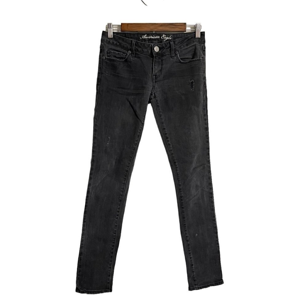 American Eagle Womens Y2K Black Wash Distressed Low Rise Skinny Jeans Size 2